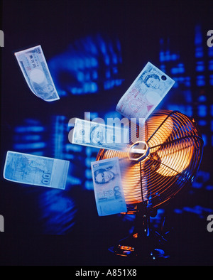 Geld Geldscheine von Ventilator geblasen. Stockfoto