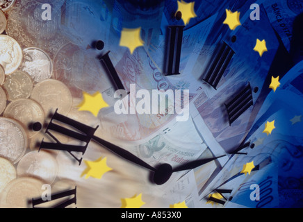 Zusammengesetztes Bild von Zifferblatt, Europäische Gemeinschaft-Flag, Geld Münzen und Banknoten Stockfoto