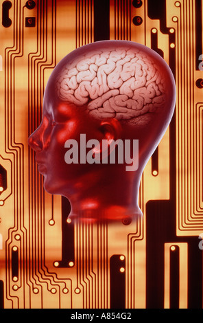 Foto Montage Konzept des menschlichen Gehirns im Modell Kopfprofil Schaltung Hintergrund Computer elektronischen Chip. Stockfoto