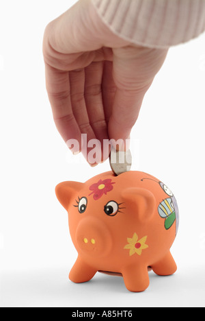 Frauen-Hand, eine Münze in ein Sparschwein Stockfoto