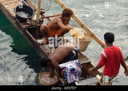 Butonese Fischer ihren Fang zum Trocknen unter der Sonne in einem temporären Fischerdorf tragen sie auf Insel Waigeo, Raja A eingerichtet Stockfoto