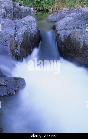 Frisches klares Wasser schwappt über glatte Felsen am Johnsons geschlossen Ins State Park in Missouri. Stockfoto