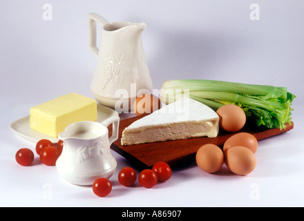 Auswahl an Milchprodukten und Gemüse Stockfoto