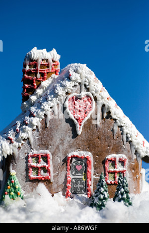 Hausgemacht. Hänsel und Gretel Lebkuchen-Hütte im Schnee. Fairytale Weihnachtshaus Stockfoto