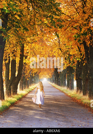 Frau im weißen Kleid auf Baum gesäumten Straße in Schweden im Herbst Stockfoto