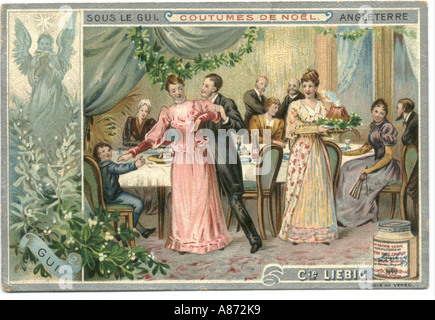 Französischen Handel Karte mit dem Titel unter dem Mistelzweig, England;  Weihnachtsbräuche 1888 Stockfoto