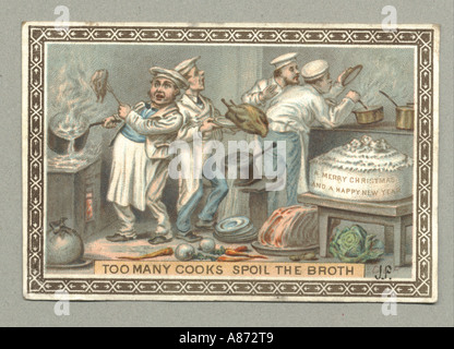 Weihnachtsgrußkarte Küche Szene schickte im Jahre 1877 herausgegeben von De La Rue.  Mit dem Titel "zu viele Köche verderben den Brei" Stockfoto