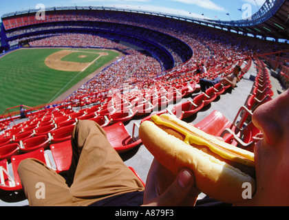 Blick vom hoch über dem Gebiet als Zuschauer bei einem Baseball Spiel beißt in einen Hot Dog mit Senf Stockfoto