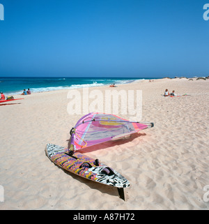 Windsurfen am Strand in der Nähe von Corralejo, Fuerteventura, Kanarische Inseln, Spanien Stockfoto