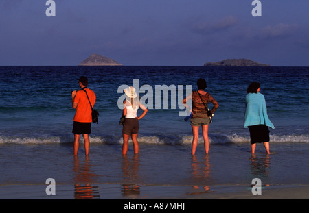 4 Personen, die gerade für Schildkröten Galapagos Insel Ecuador Süd Ameriaca Stockfoto