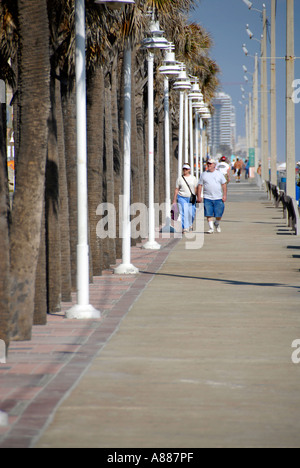 Mann und Frau gehen auf der Promenade zwischen den Reihen von Palmen am Daytona Beach Florida FL Stockfoto