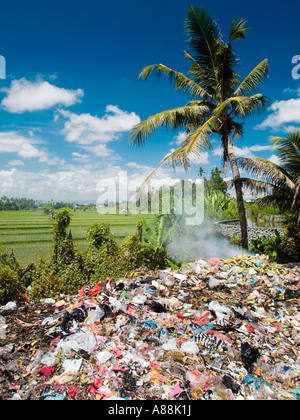 lokalen Müllkippe vor einer malerischen Reisfelder in der Nähe von Denpasar Bali Indonesien Stockfoto