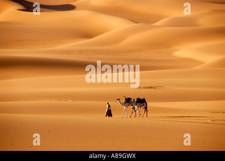 Tuareg geht mit Kamelen durch die Wüste Libyen Mandara Stockfoto