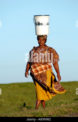 Ein Xhosa-Frau, die einen Eimer mit Wasser auf dem Kopf in der Provinz Ostkap in Südafrika. Stockfoto