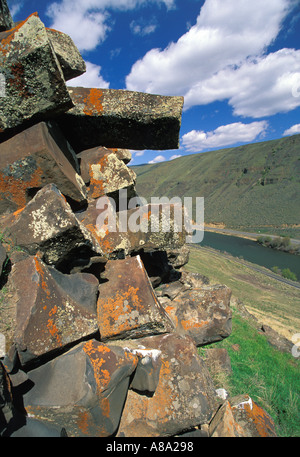 Basaltsäulen mit Blick auf Yakima River Canyon Washington Stockfoto