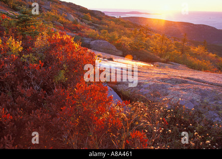 Die Sonne geht über dem Atlantischen Ozean von Cadillac Mountain Acadia Nationalpark in Maine Stockfoto