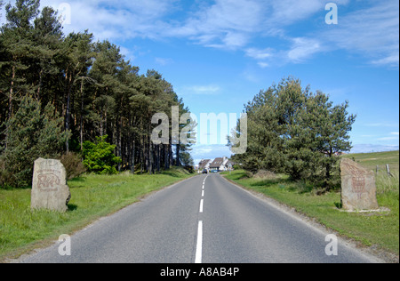 Burghead Dorf Stein geschnitzt Eingang Marker Zeichen Stockfoto