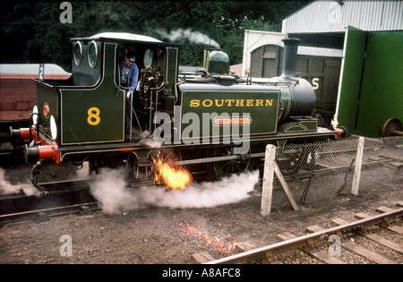 stoker, Fahrer, Gleise, Motor, Schaufeln, Asche, heiß, Kohlen, W, 8, Süßwasser, Isle of Wight, Dampfeisenbahn, Havenstreet, Isle of Wight, Großbritannien, England Stockfoto