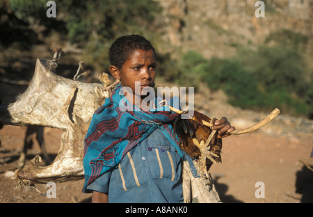 Tigrayan junge mit einem Kreuz Tattoo auf der Stirn, Tembien, östlichen Tigray, Äthiopien Stockfoto