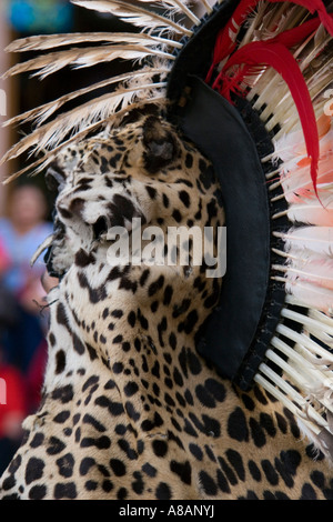 Eine AZTEKISCHE Tänzer gekleidet in einem JAGUAR Haut Kostüm während des CERVANTINO FESTIVAL GUANAJUATO Mexiko Stockfoto