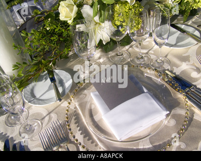 Luxus sonnenbeschienenen Ort Tischdekoration und Menükarte in einem sonnigen Zimmer "garden" alfresco-Empfang Stockfoto