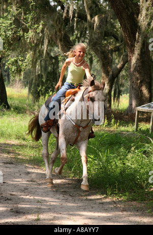 Teenager-Mädchen weiß Reitpferd auf dem Weg in den Park. Stockfoto