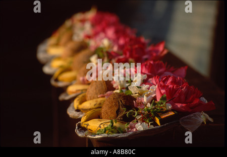 Religiöse Angebote von Kokospalmen, Bananen und Blumen zum Verkauf am Haupteingang Sri Padmanabhaswamy Vishnu Tempel, Thiruvanathapuram (Trivandrum), Kerala, Indien Stockfoto