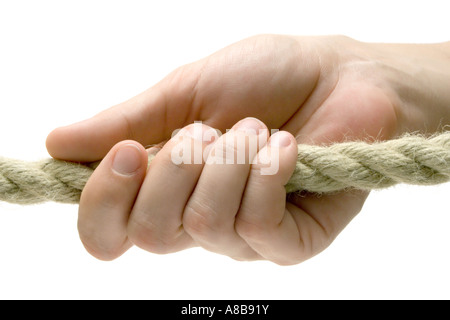 Weibliche Hand ziehen ein Seil isoliert auf weißem Hintergrund Stockfoto