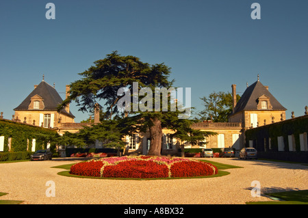 Der Hof zum Chateau Beychevelle in Saint Julien. Wunderschöne Blumenarrangements und riesige Zeder Stockfoto
