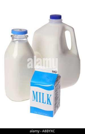 Kunststoff 1 Gallone Milchkännchen, Glas Flasche und Milch Milchtüte. Stockfoto