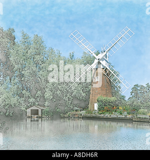 Einen Eindruck von Hunsett Mühle am Fluss Ant in die Norfolk Broads England Großbritannien Stockfoto