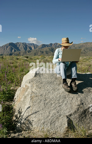 Eine Frau arbeitet auf einem Laptop sitzend auf einem Felsen in der Wüste Stockfoto