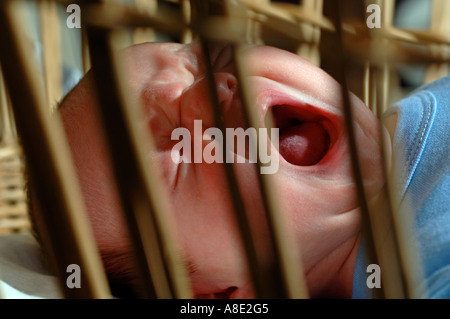 Baby im Babybett oder Kinderbett Gähnen Stockfoto