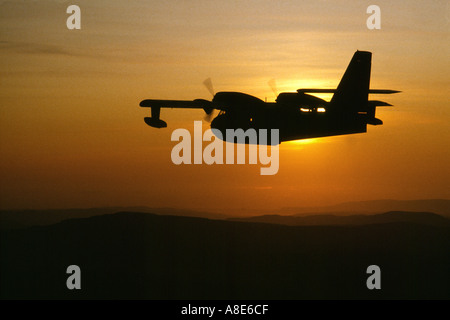 Luftaufnahme der Silhouette einer Canadair Löschwasser bomber Flugzeug gegen den Sonnenuntergang, Provence, Frankreich, Europa fliegen, Stockfoto