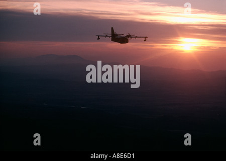 Luftaufnahme der Silhouette einer Canadair Löschwasser bomber Flugzeug im Flug, Sonnenuntergang, Provence, Frankreich, Europa, Stockfoto