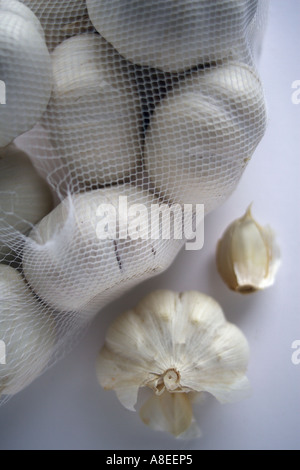 Tasche von Knoblauch mit einem geöffneten Wendekreis mit einer Knoblauchzehe A stark riechenden scharf schmeckenden Glühbirne verwendet als Gewürz in der Küche und im Kräutergarten Stockfoto