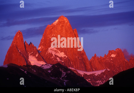 Alpenglühen Mount "Fitz Roy" (3405m) als auch "Chalten" bezeichnet. Granite Peak in den südlichen Anden Patagonien, Santa Cruz Stockfoto