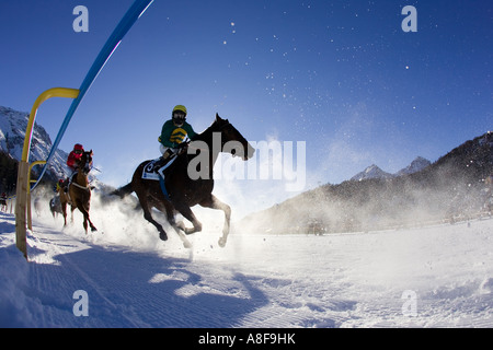 Pferderennen Sie auf dem Eis aus dem "White Turf" treffen auf dem zugefrorenen See von St. Moritz, Schweiz. Stockfoto