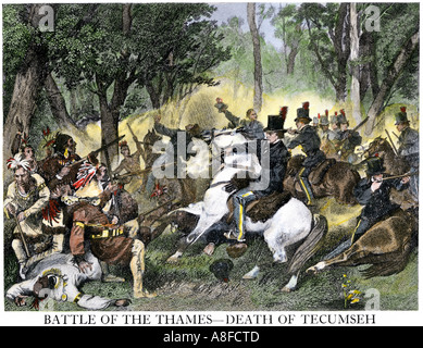 Chief Tecumseh von US-Truppen unter William Henry Harrison in der Schlacht an der Themse 1813 getötet. Handcolorierte halftone einer Abbildung Stockfoto