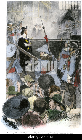 König Karl I Westminster verlassen nach seinem Satz als Feind der Nation 1649 ausgeführt werden. Handcolorierte halftone einer Abbildung Stockfoto