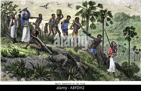 African slave Karawane marschierte an die Küste, wo sie Plantagen 1800s versandt werden. Hand - farbige Holzschnitt Stockfoto