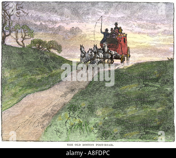 Stagecoach auf der Boston Post Road bei Sonnenuntergang. Hand - farbige Holzschnitt Stockfoto