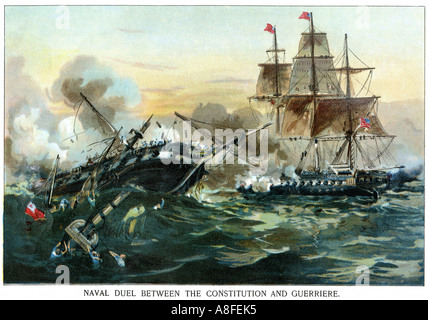 Seeschlacht zwischen der Fregatte USS Constitution und die britische Schiff Guerriere im Krieg von 1812. Farblithographie Stockfoto