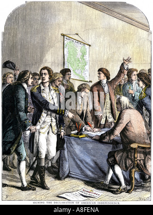 Die Delegierten die Unterzeichnung der Erklärung der amerikanischen Unabhängigkeit 4. Juli 1776. Hand - farbige Holzschnitt Stockfoto