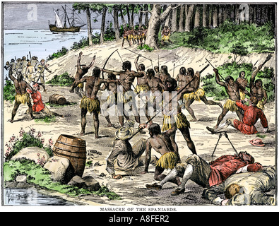 Karibik eingeborenen Massaker die Spanier links bei La Navidad durch Kolumbus im Jahr 1492. Hand - farbige Holzschnitt Stockfoto