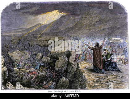 Erdbeben schlucken die Gottlosen Israeliten, die nicht Mose haben während ihrer Flucht aus Ägypten in das Versprochene Land gehört. Hand - farbige Holzschnitt Stockfoto