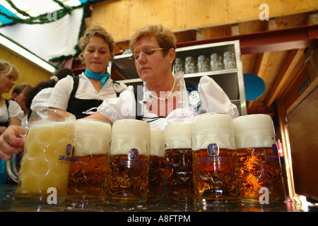 Deutschland München Beer Festival Oktoberfest Oktoberfest Kellnerin mit bis zu 10 Gläser 1 Liter Bier Stockfoto