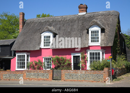 Hübsche rosa Reetdachhaus in Suffolk Dorf von Cavendish. Stockfoto