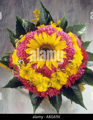 Blumenstrauß mit Sonnenblumen, Dahlien, Ringelblumen und China Astern Stockfoto