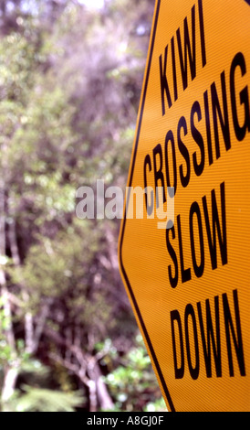 Verkehrsschild Achtung Darstellung der legendären Kiwis Neuseeland Stockfoto